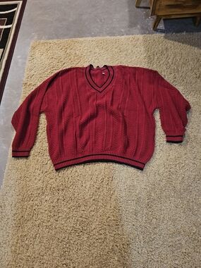Men's Red V-Neck Cable Knit Sweater